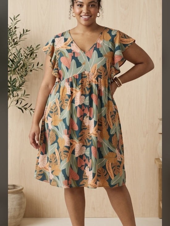 Emery Rose Dresses & Skirts - Flutter Sleeve V-Neck  Dress in Teal Botanical